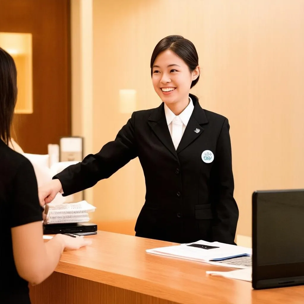 Hospitality student gaining experience at a hotel reception